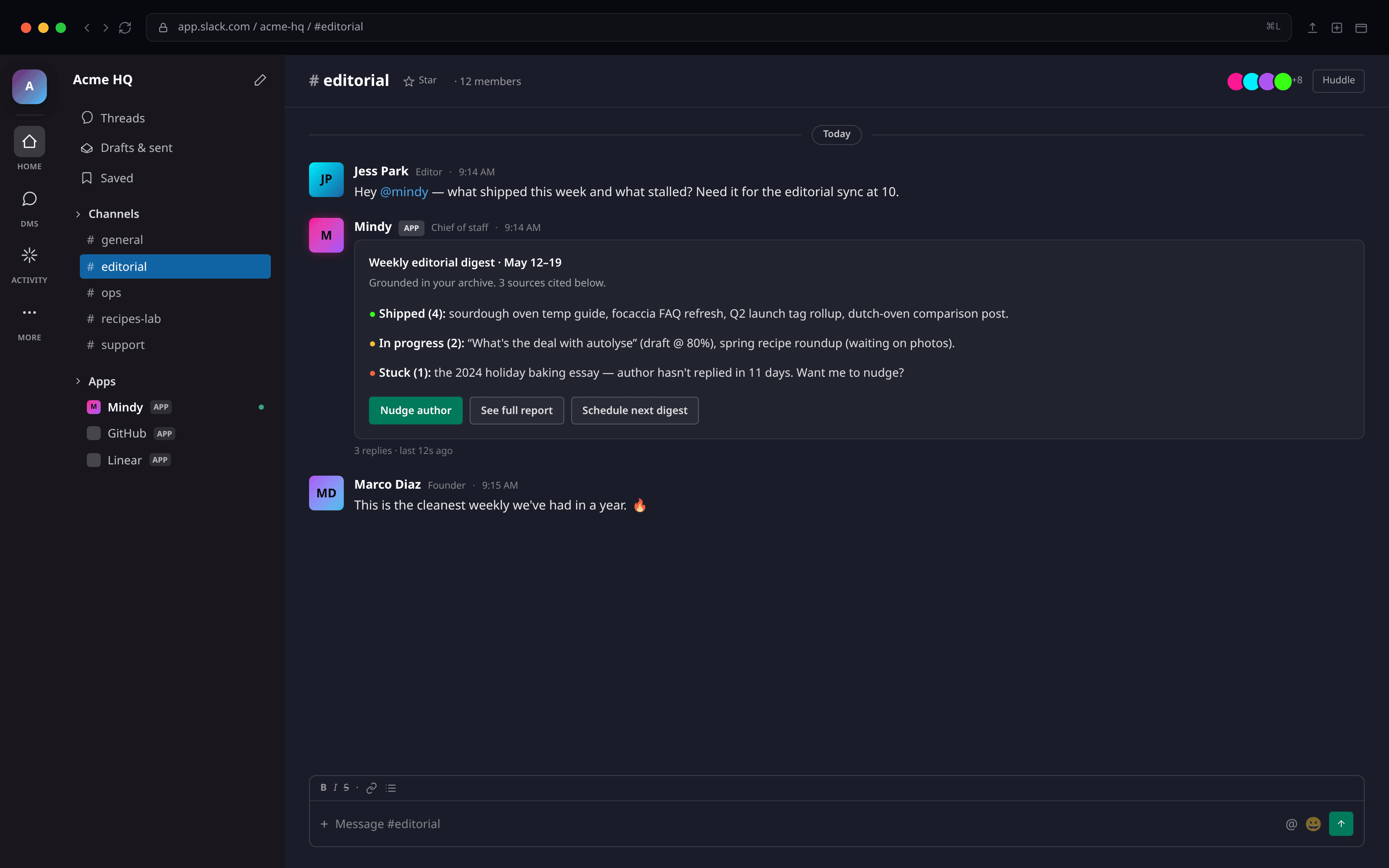 Mindy delivering a weekly editorial digest in the #editorial channel of a Slack workspace — listing shipped posts, in-progress drafts, and a stalled essay needing a nudge.