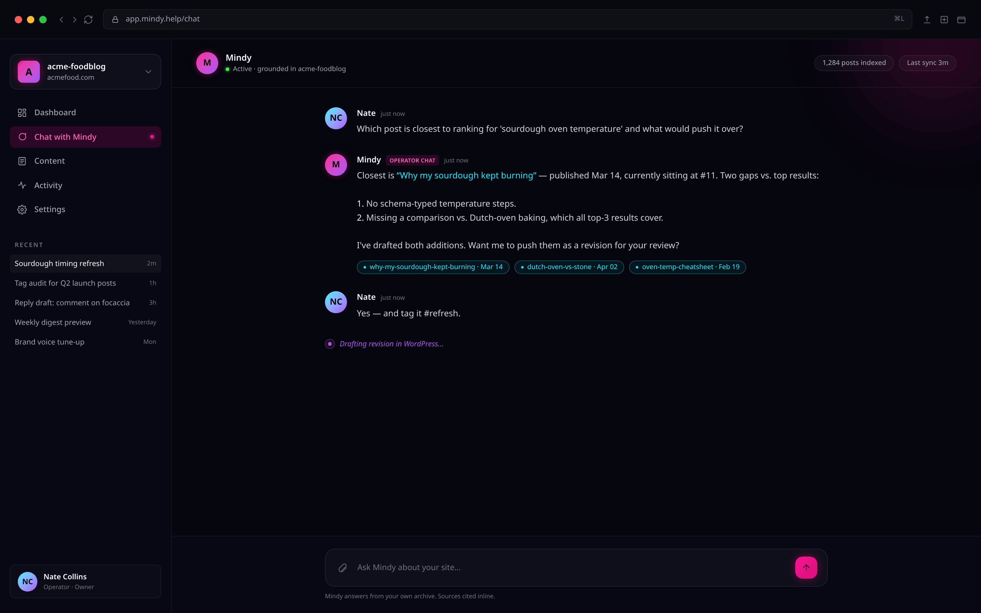 Mindy in the operator chat at mindy.help/chat, explaining why a sourdough post is sitting at rank #11 and proposing two revisions that would move it into the top 3.