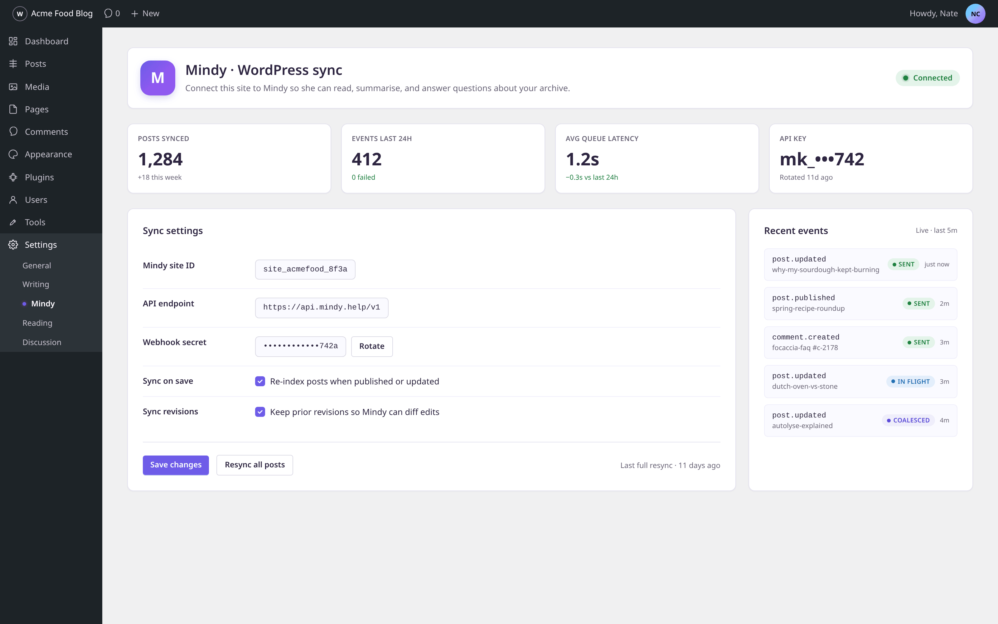 The mindy-sync plugin's Settings page inside WordPress wp-admin — showing 1,284 indexed posts, a healthy connection status, sync settings, and a live event log of recent post.updated, post.published, and comment.created events.